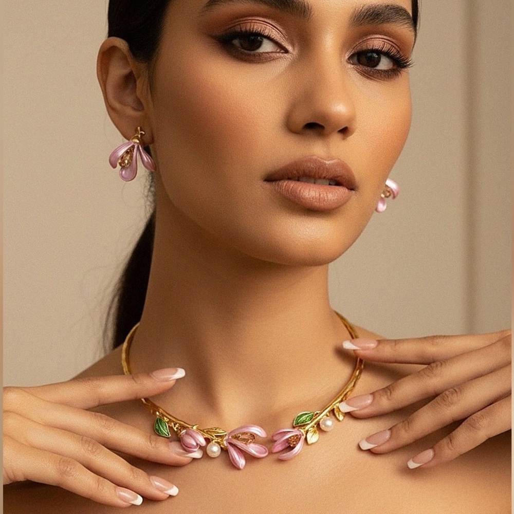 Crystal Set: Necklace and Earrings, 14K Gold Plated